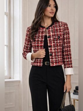 St John NWT Tweed Crop Boucle Jacket Red Black Blazer Size 4